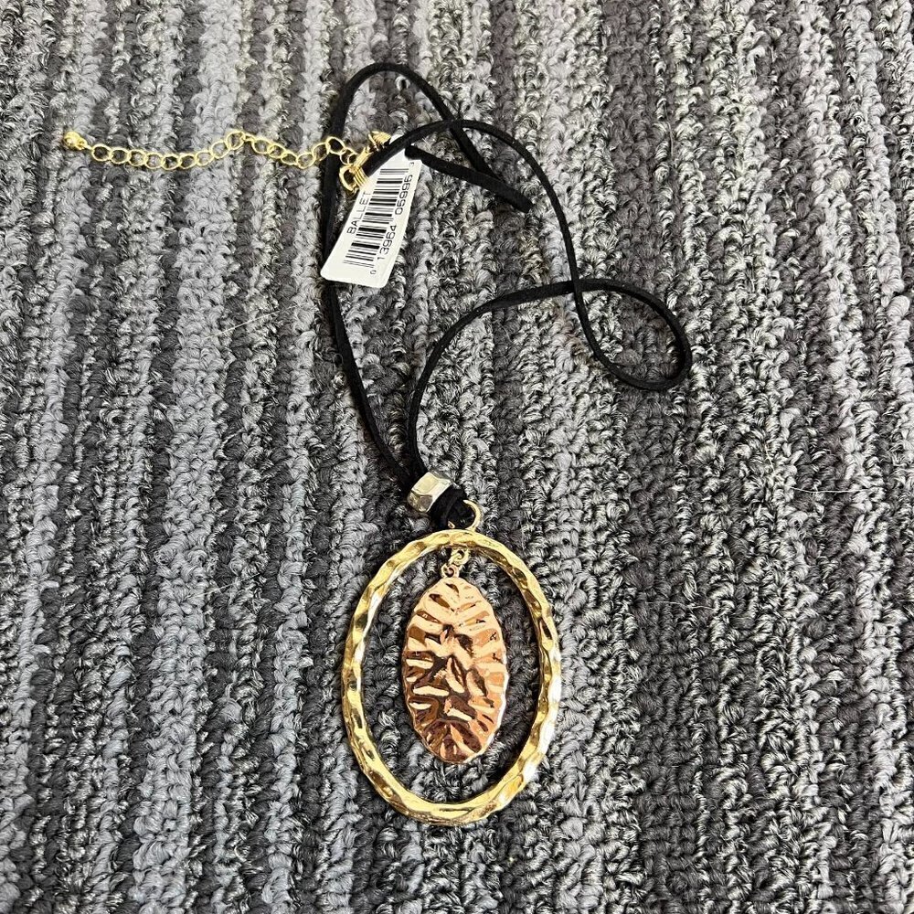 Ballet gold hammered oval pendant with dangling oval leather cord